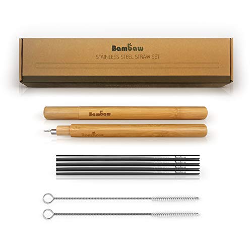 Bambaw Edelstahl Strohhalm | Wiederverwendbar | Umweltfreundlich | 4er-Set Zero Waste Trinkröhrchen | 4X Öko Trinkhalm  2X Trinkrohr Hülle  2X Reinigungsbürste  1x Röhrchen Tasche