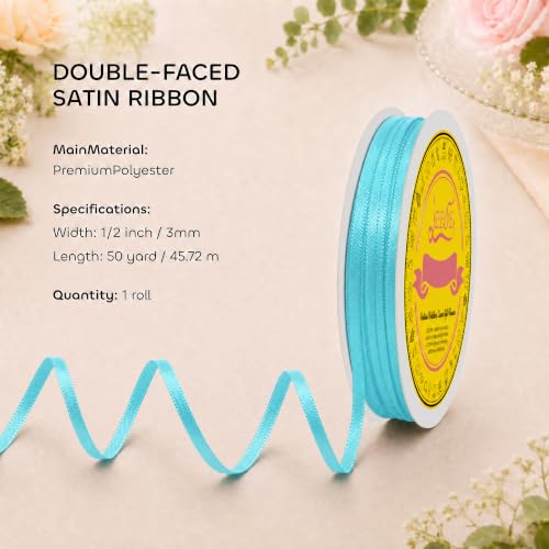 Image of Double Face Turquoise Green Satin Ribbon 1 /8 inch X 50 Yards Polyester Turquoise Green Ribbon for Gift Wrapping Very Suitable for Weddings Party Invitation Decorations and More