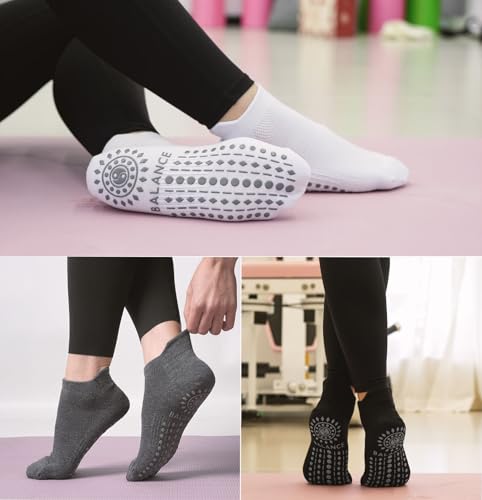 Grip Pilates Socks Ankle for Women, Yoga Non Slip Socks for Barre Workout Gym Hospital Sticky Slipper Socks 3 Pairs2
