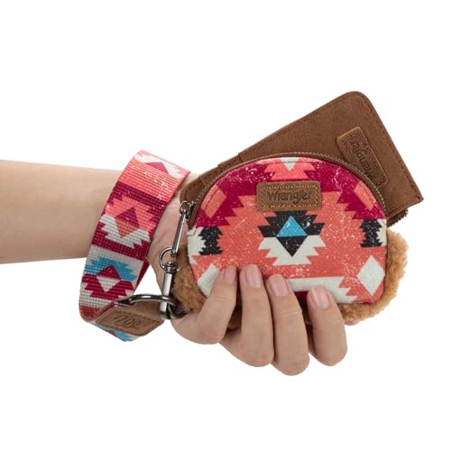 Image of Wrangler Western Keychain Wristlet Wallets for Women Dual Pouch Wristlet Sherpa Coin Purse for Women Keychain Card Holder WG166-W0051BR