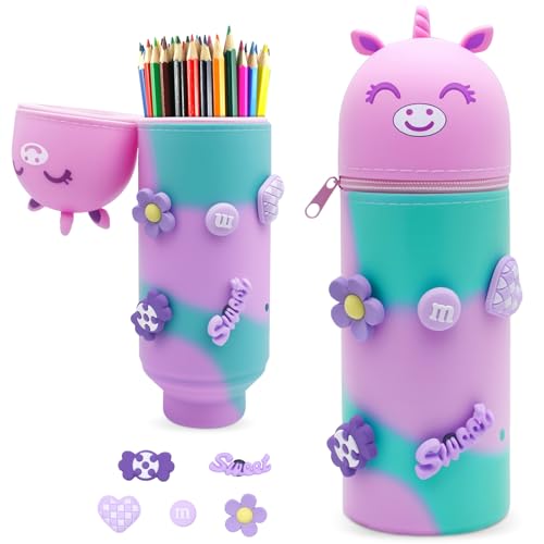 Kawaii Astuccio 2 in 1 Telescopico Chiusura con Cerniera con 5 Charm Decorativi Regali per Ragazze Unicorno silicone viola
