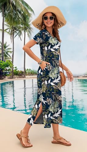 Image of MISFAY Womens Maxi Dress Short Sleeve V Neck Loose with Pockets | Soft stretchy breathable, v neck loose fit, side split hem, two side pockets, casual daily beach vacation travel dress