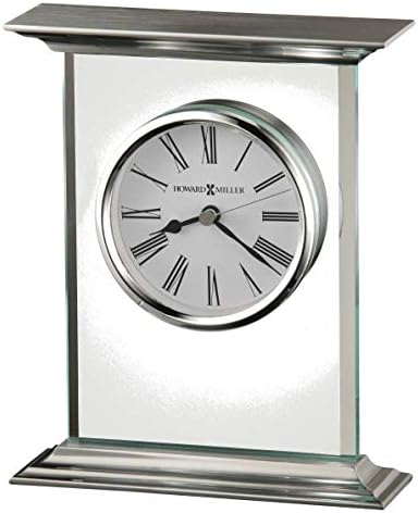 Howard Miller Clifton Table Clock 645-641 – Glass/Metal Carriage Block, 0.375 Inch Thick Beveled Glass Panel, Brushed Aluminum Top, Polished Edges, Quartz Movement