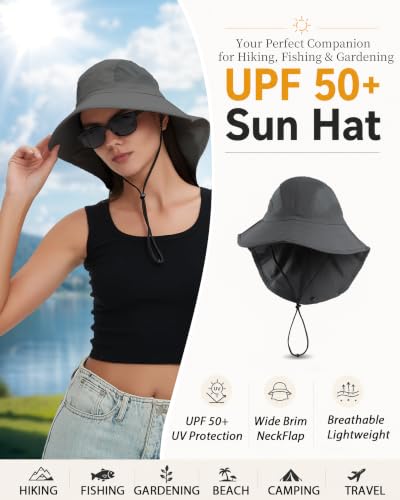 Image of Sun Hat UPF50+, Breathable Wide Brim Bucket Hat Outdoor for Hiking Garden | Large-Area Neck Flap, Water-Resistant Nylon , Blocks 99% UV radiation, lightweight, moisture-wicking,Quick-Dry for Women Men