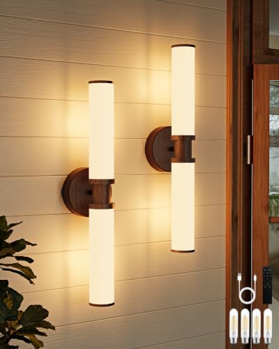 Image of Rayogale Walnut Wireless Battery Operated Wall Sconces with Remote Control | White Glass Rechargeable Wall Lights Set of 2 with Timer Function Dimmable for Living Room Bedroom Emergency 3000K, 20.5 Inch