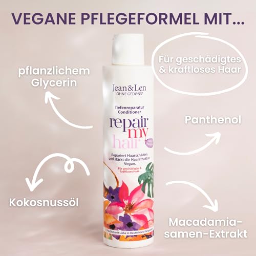 2. Bild von Jean & Len Conditioner Repair Kokos & Macadamia, für geschädigtes und kraftloses Haar, repariert Haarschäden, verleiht Geschmeidigkeit, Kokos-Duft, ohne Parabene & Silikone, vegan 300 ml 300 ml (1er Pack)