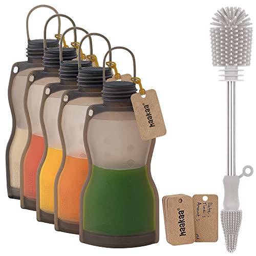 Image of haakaa Reusable Silicone Breastmilk Storage Bag(9oz,5pk) Bottle Cleaning Brush Set| Breastmilk Freezer Bag|Breastfeeding Milk Pouch|Breast Pump Bag|Self Standing Storing Pouch- BPA Free- No Leak