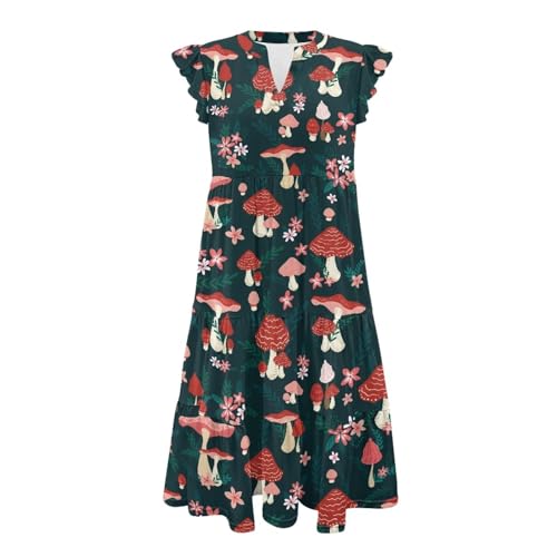 Image of Women's Casual Ruffle Sleeve Dress V Neck Pullover Dress Flowy A-Line Pleated Lightweight Dress with Pockets