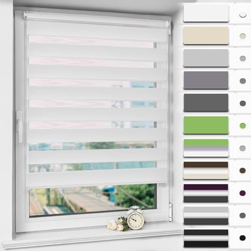 Magiea Store Enrouleur sans Perçage Jour Nuit, Double Tissu, Facile à Installer pour Fenêtre ou Porte, Protection Solaire Vie Privée, Blanc, 45l x 150L...