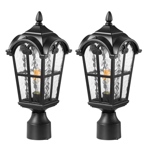2 Pack Outdoor Post Lighting Fixture for Entryway Garden Walkway Backyard, Waterproof Aluminum Pole Lantern Light with Pier Mount Base, Black Outdoor Lamp Post Lantern Light