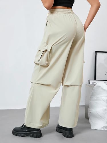 OYOANGLE Women's Drawstring Elastic High Waisted Wide Leg Cargo Pants Ruched Baggy Parachute Pants with Pocket2