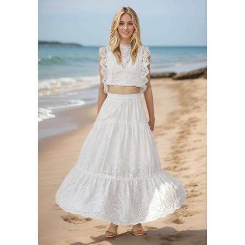 CHICWISH Women Summer Boho Maxi Skirt Eyelet Embroidery Elastic Waist Tassel String Casual Cotton Beach Vacation Long Skirts2