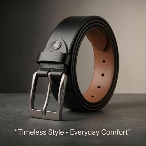 Image of Genuine Leather Belt for Men - Premium Formal & Casual Belt with Metal Buckle - Durable Adjustable Waist Belt for Jeans, Trousers & Office Wear