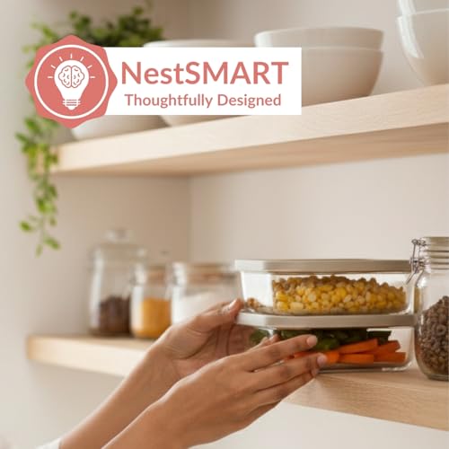 Image of Nestasia Groovo Glass Containers for Fridge Storage Set of 4 (520ml Each) - Transparent Stackable Glass Container with Lid, Microwave & Dishwasher Safe Containers with Ribbed Texture (Beige)