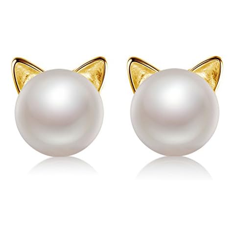 Wicary Cat Earrings Sterling Silver Cultured Freshwater Pearl Stud Earrings Cover
