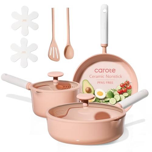 CAROTE Ceramic Cookware Set Nonstick, 9pcs Pots and Pans Set Non stick, Non-Toxic & PFAS-Free,Dishwasher, RV/Camping Cookware Set,Sauce Pan with Lid, Pink