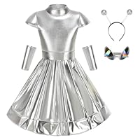 yolsun Alien Costume for Girls, Silver Metallic Dress Halloween Robot Outfit Cosplay (Silver, Large)