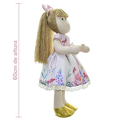 Boneca de Pano Pri com vestido rosa floral jardim encantado com borboletas