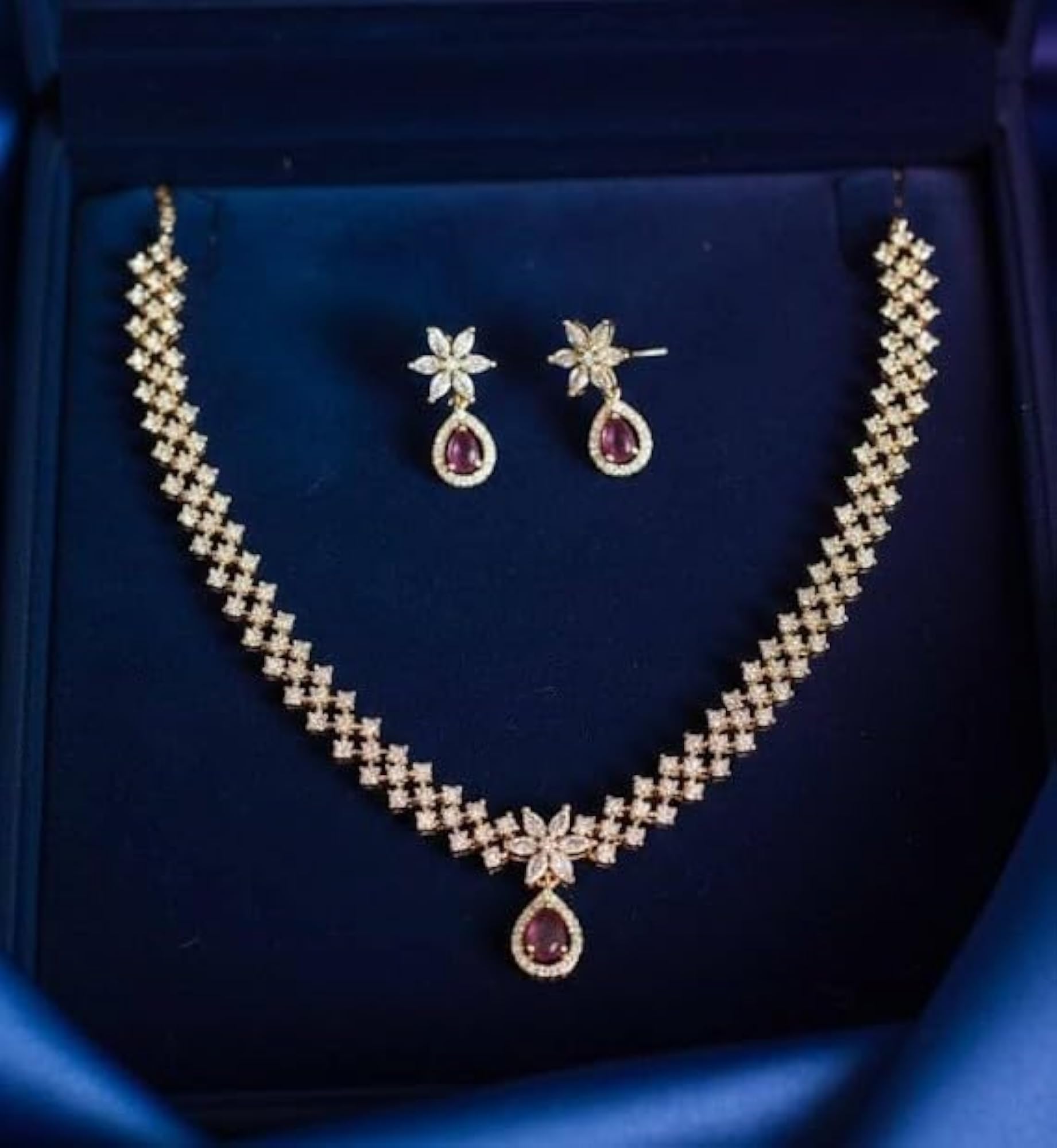 Ruby Red Crystal American Diamond Necklace Set for Women & Girls