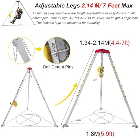 Rescue Tripod Heavy Duty Fire Fighting Tripod Confined Space，Aluminum Confined Space Tripod 7 Feet Legs, Commercial Rescue Tripod Fall Protection for Traditional Confined Spaces/Grinder Pump