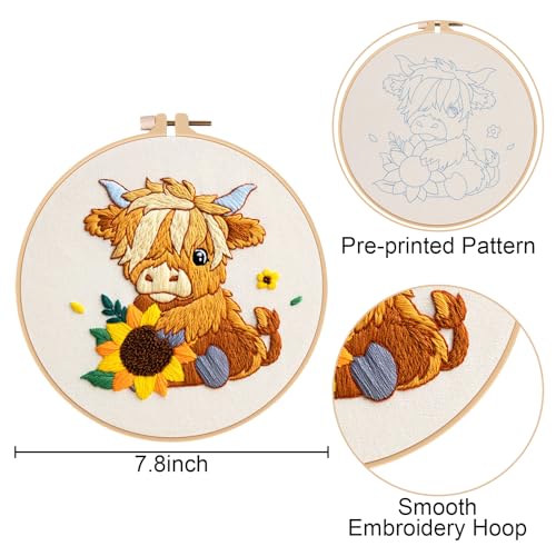 Image of Nuberlic Highland Cow Embroidery Kit 3 Pack Embroidery Kits for Adults Beginners Starter Cross Stitch Kit Set with Floral Designs - Perfect DIY Gift