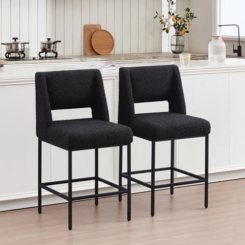 Image of Zesthouse Upholstered Counter Height Stools Set of 2, 26 inch Boucle Fabric Bar Stools with Back, Metal Barstools Heavy Duty 300 Lbs, Modern Counter Height Chairs for Kitchen Island, Black Dark Grayish