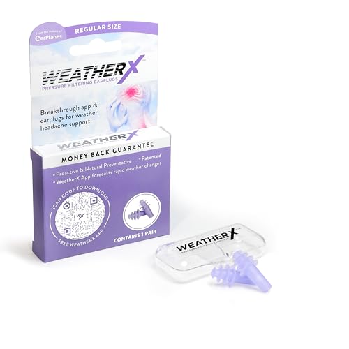 WeatherX Headache Prevention Pressure Filtering Earplug for Shifts in Barometric Weather Pressure Download Free Alert app (Regular 1 PK)