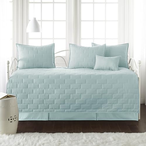 Image of Southshore Fine Living, Inc. Twin Daybed Comforter Set, 6-Piece Twin Bedding Set with Daybed Cover, 3 Pillow Shams, Bed Skirt, Throw Pillow - Day Bed Quilt Set, Brickyard Blue