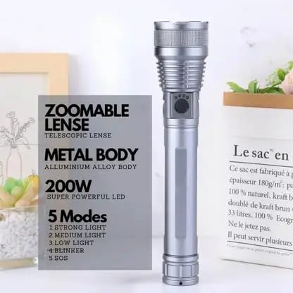Image of 982 LED Torch with 200W Laser | 5 Light Modes & Zoomable Telescopic Lens | Rechargeable Long Range Flashlight | Heavy Duty Metal Torch for Outdoor & Emergency (Multicolor, 30 cm)