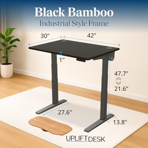 Image of UPLIFTDESK Black Bamboo (42 x 30 inch) Standing Desk 2-Leg V3 Adjustable Stand Up C-Frame (Indus.), Advanced Keypad, Wire Grommets, Wire Tray, Rocker Board