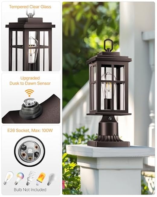 Dusk to Dawn Outdoor Post Lights, Bronze Outdoor Lamp Post with Pier Mount Base, Waterproof Lamp Posts Outdoor Lighting with Tempered Glass for Garden, Porch Patio(Hardwired 120V, Not Solar)