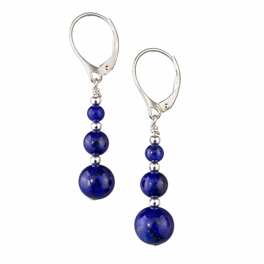 Graduated Lapis Lazuli Gemstone & Sterling Silver Leverback Handmade Drop Earrings with Gift Box