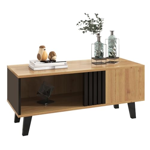 MUZHIXIANG Mueble bajo para TV, 170 cm, madera negra, diseño moderno, con cajones, mucho espacio de almacenamiento, para salón (natural + cristal + tablero de partículas)
