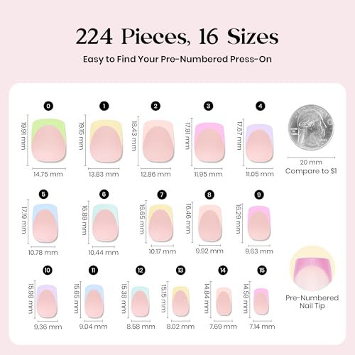 Image of Beetles French Tip Press On Nails 224 Pcs 7 Colors, Short Square Classic Fake Nail Tips, Pastel Romance Macaron Soft Nails Gel False Nail Art DIY For Women