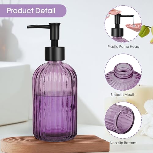 Topsky Stripe Glass Soap Dispenser with Black Plastic Pump, 400ml Liquid Hand Soap Dispenser, Rustproof Pump for Kitchen & Bathroom, Great for Lotions, Essential Oil, Liquid Soaps-Purple3