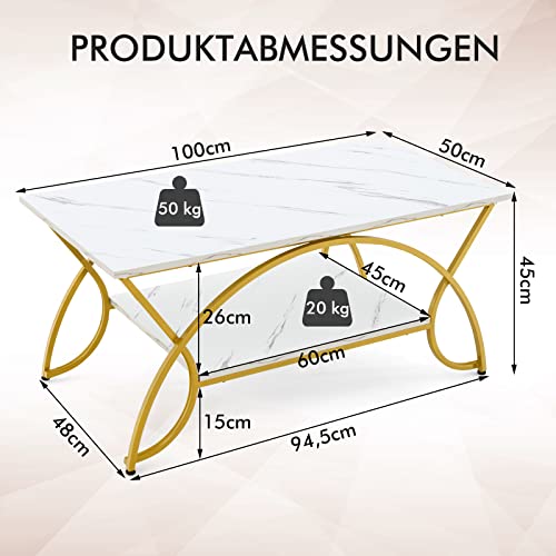 COSTWAY Couchtisch Marmor Optik, Kaffeetisch mit Ablage und Metallgestell, Wohnzimmertisch, Beistelltisch, Sofatisch für Wohnzimmer, 100 x 50 x 45 cm (Gold-weiß) – Bild 4