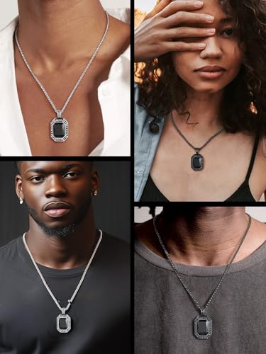 Image of ChainsHouse Viking Rune Pendant Necklace for Men Women, Punk Biker Black Metal /316L Stainless Steel Onyx Norse Vintage Amulet Necklaces with Black /Red /Green /Blue Gemstone, Send Gift Box