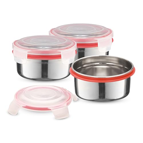 Image of Trueware Clip N Close Smart Lock Stainless Steel Lunch Box | Durable, Airtight, BPA Free, 100% Food Grade | Versatile | for Office, for Men and Wowmn (Clip & Close Set of 3-RED BAZ)