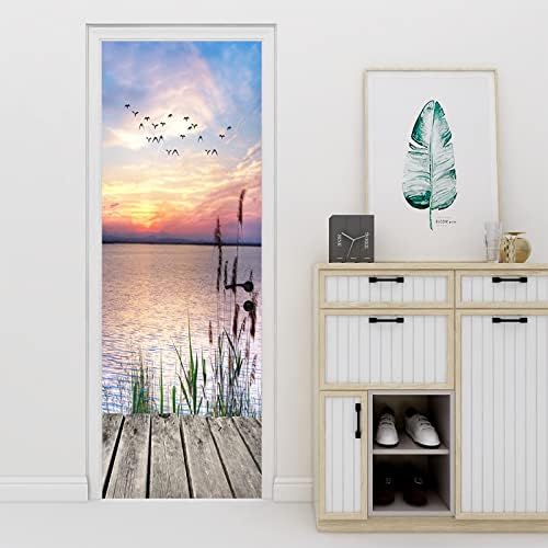 Door Sticker Mural, Door Murals 3D Sea Geese at Sunset Wall Stickers for Bedroom Wall Murals for Living Room, Door Decals Door Wallpaper Stick and Peel 37.4X84.6 Inch