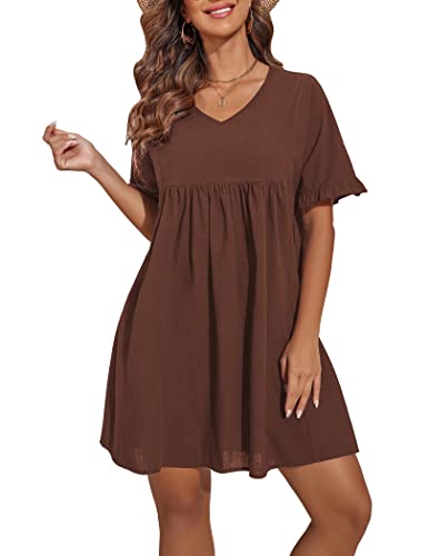 Hotouch Womens Summer Dress Short Sleeve Mini Dress Shift Flowy Dress Simple Dresses For Women Swing Dress With Pockets(Brown，S) #TOP23