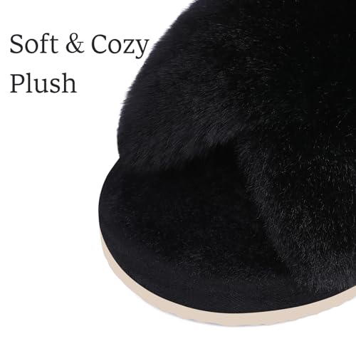 Comwarm Women's Cross Band Fuzzy Slippers Fluffy Open Toe House Slippers Cozy Plush Bedroom Shoes Indoor Outdoor3