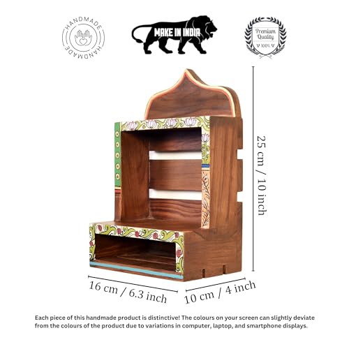 Image of AAKRITI ART CREATIONS Handcrafted Brown Wooden Wall Shelf | Decorative Hand-Painted Storage Rack, Floral Art, Matte Finish | Wall Mount Shelf for Home