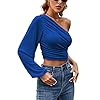 LYANER-Womens-Ruched-One-The-Shoulder-Lantern-Long-Sleeve-Crop-Blouse-Shirt-Top-Royal-Blue-Large LYANER Women's Ruched One The Shoulder Lantern Long Sleeve Crop Blouse Shirt Top Royal Blue Large