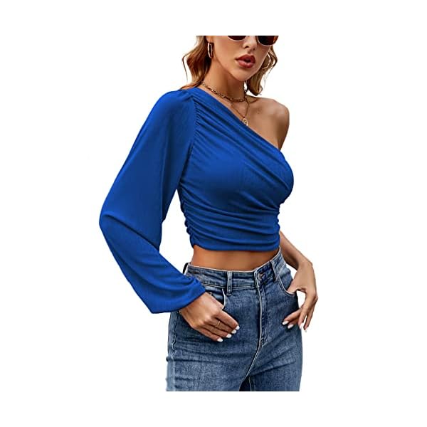 LYANER-Womens-Ruched-One-The-Shoulder-Lantern-Long-Sleeve-Crop-Blouse-Shirt-Top-Royal-Blue-Large LYANER Women's Ruched One The Shoulder Lantern Long Sleeve Crop Blouse Shirt Top Royal Blue Large
