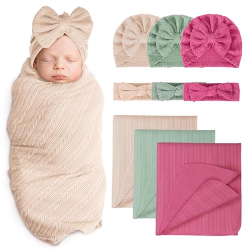 Image of AQOKKA Baby Swaddle Blankets with Bow Hat Headband Set Wheat-Pattern Infant Receiving Blankets Swaddles for Newborns Unisex Toddler Swaddle Wrap Sets for Baby Girls Boys Nursery Warm Shower Gift