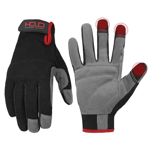 Image of HANDLANDY Mens Work Gloves Touch Screen, Synthetic Leather Utility Gloves, Flexible Breathable Fit- Padded Knuckles & Palm (Small, Black)