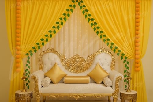 Image of Divyakosh Temple /Event Setup Items- Curtains, Cloth for Decoration Pooja with Light, Artfiicial Marigold Flowers | Decoration Setup for Haldi, Mandir, Mehendi | 11Pc Net Cloth (Yellow, White)