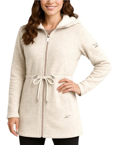 Reebok Womens Fleece Jacket - Lightweight Fleece Jacket Women Sherpa Lined Long Hooded Zip Up Womens Sweaters with Pockets, Size Large, Champagne