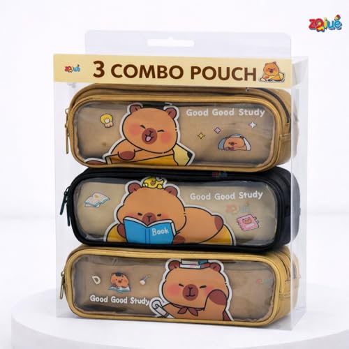 Image of Zqiue Good Study Cartoon Bear Pencil Pouch 3 Combo Set, Transparent Window Double Zipper Pen Case, Large Capacity Canvas Organizer for School, Kids, Teens & Office