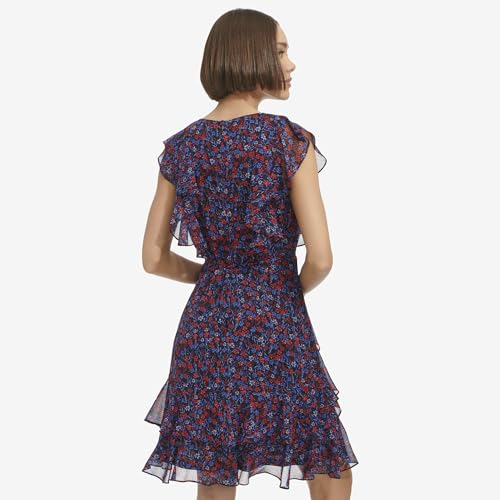 Image of Tommy Hilfiger Women's Sleeveless V-Neck Ruffle Trim Tie Waist Chiffon Mini Dress